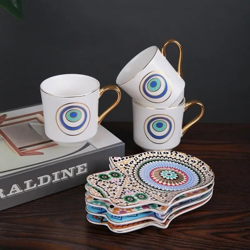 Eye of Hamsa Ceramic Turkish Coffee Cup and Saucer Set  Decor Harmony