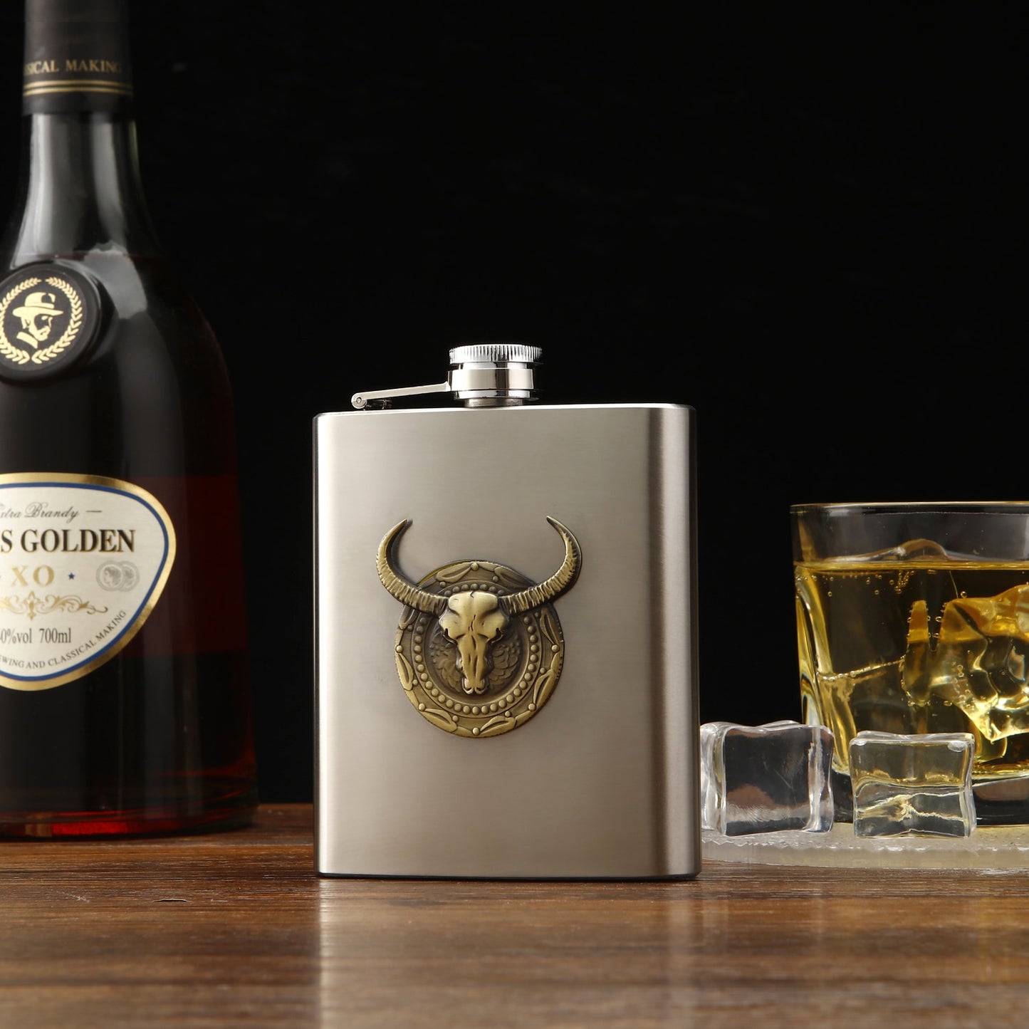 Flacon à whisky de voyage en acier inoxydable avec motif taureau  Decor Harmony